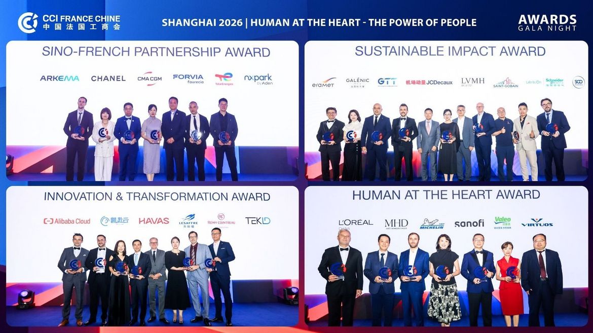  Recap board of the four Shanghai Gala 2026 Excellence Awards, showing the laureate groups for the Sino-French Partnership, Innovation & Transformation, Sustainable Impact, and Human at the Heart awards with their company logos.
