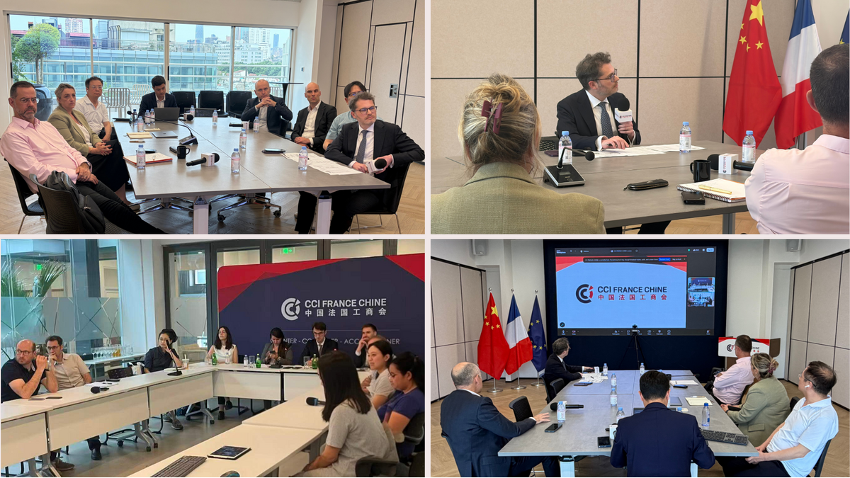 Collage of four photos from the CCI FRANCE CHINE event, showing professionals gathered around conference tables in a hybrid meeting setup. Attendees and speakers are actively participating, with microphones on the tables, a large presentation screen displaying the CCI FRANCE CHINE logo, and the flags of China, France, and the European Union visible in the background.