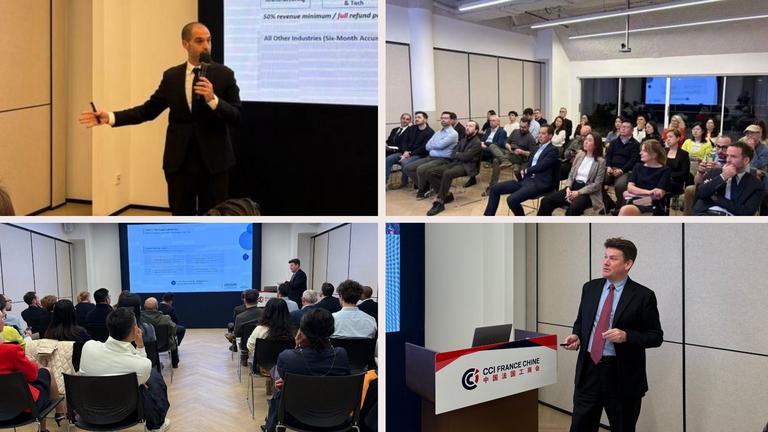 Collage of photos from the CCI France Chine seminar on China 2026 business and tax updates with Orcom and Coster Associates in Shanghai.