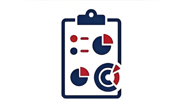 Clipboard icon displaying pie charts representing business surveys and data analytics.