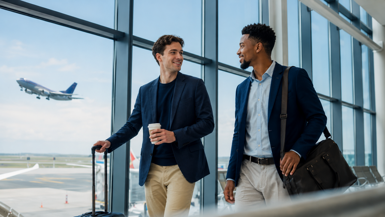Two young business professionals in their mid-twenties walk through a bright airport terminal with large floor-to-ceiling windows. One pulls a carry-on suitcase and holds a coffee cup, while the other carries a shoulder bag. They smile and converse as an airplane takes off in the background, reflecting a business travel and international mobility setting.