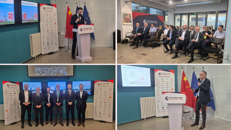 Collage of photos showing moments from a CCI FRANCE CHINE event, including speakers delivering presentations in front of an audience, conference room sessions, and a group photo with participants and organizers in a professional corporate setting.