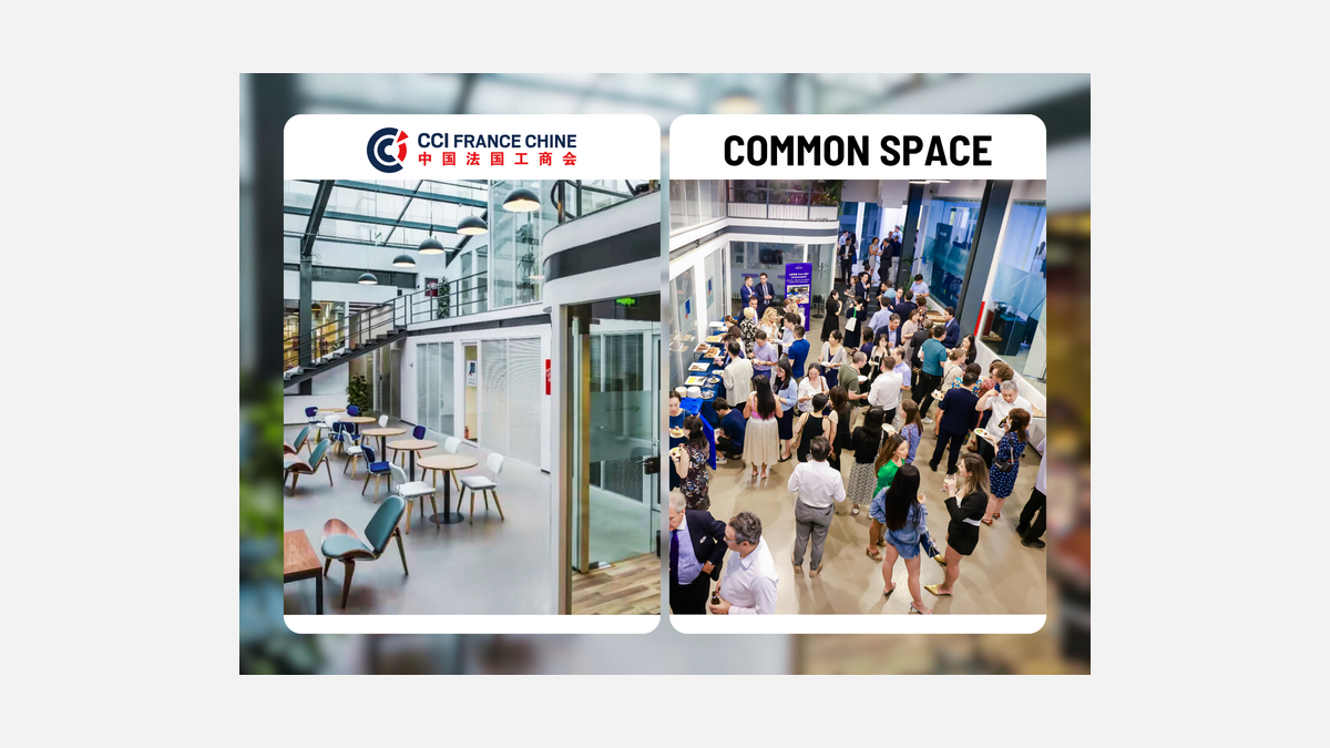 Banner showcasing Le Booster by CCI FRANCE CHINE, featuring images of modern office spaces, professional meetings, and a collaborative working environment, highlighting a flexible office solution in Beijing.