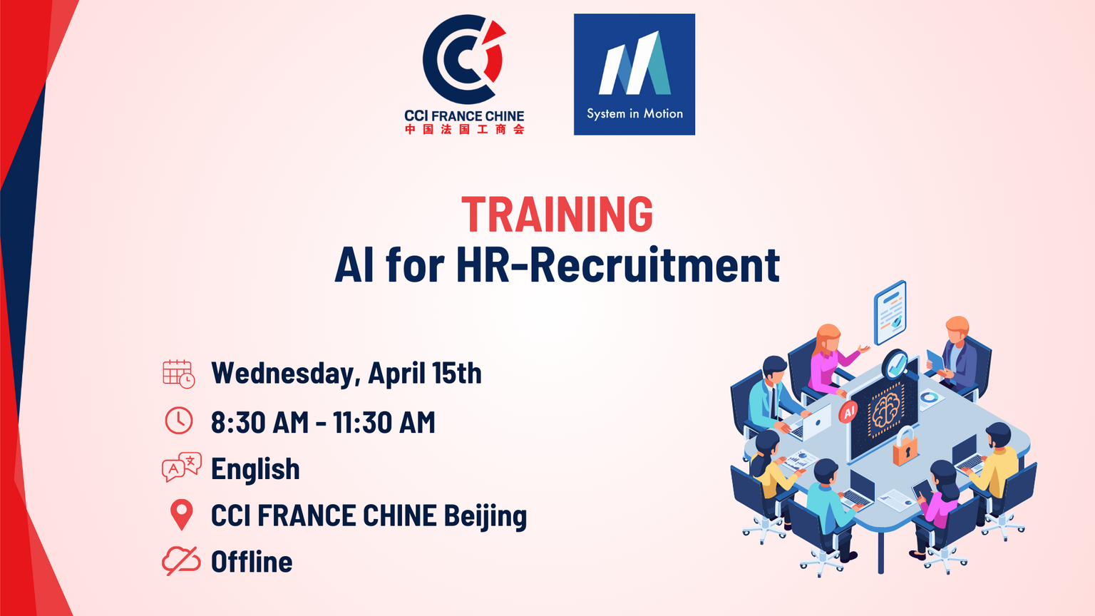 Poster for the AI for HR-Recruitment training by CCI France Chine and System in Motion in Beijing on April 15, 2026.
