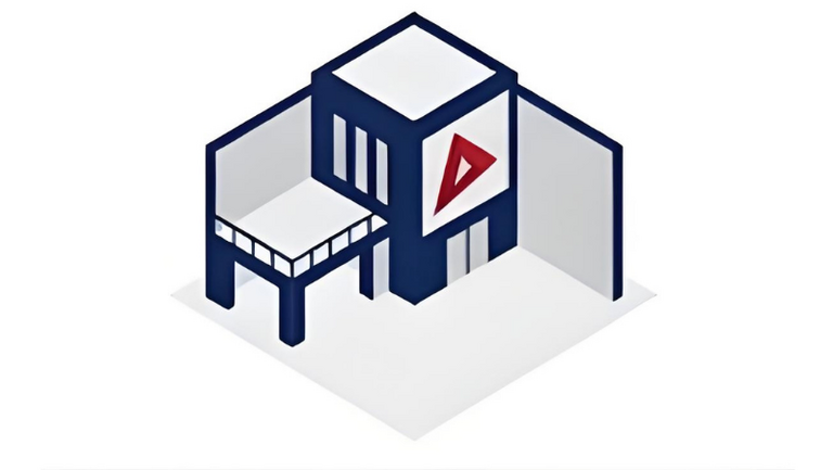 Isometric icon of a blue and red building representing business centers.