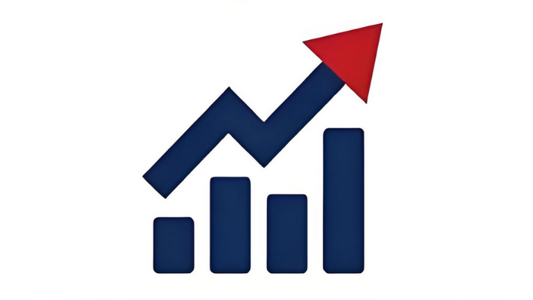 Bar chart icon with an upward red arrow illustrating business development and financial growth.