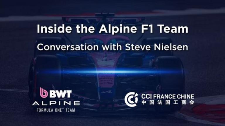 Official banner for the CCI France Chine exclusive conference with the BWT Alpine Formula One Team.