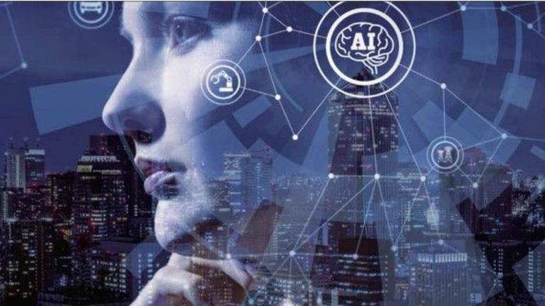 Futuristic digital graphic of a profile face representing Artificial Intelligence