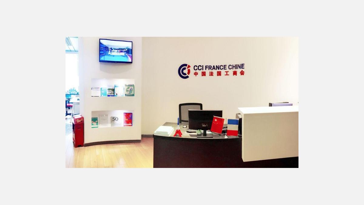 Professional reception area featuring a front desk, a company logo displayed on the wall, and branded signage elements, showcasing a modern office environment.