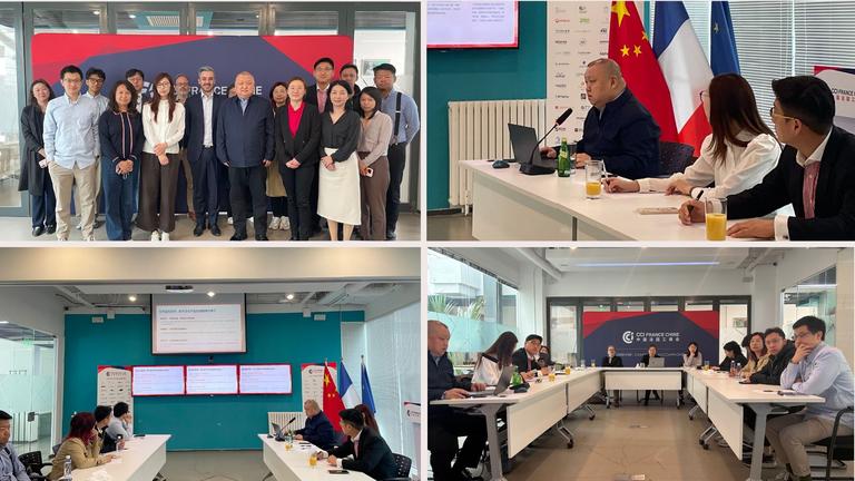 Collage of photos from the CCI FRANCE CHINE briefing on China's healthcare reform, featuring speaker Mr. ZHAO Yanfeng and business leaders in Beijing.