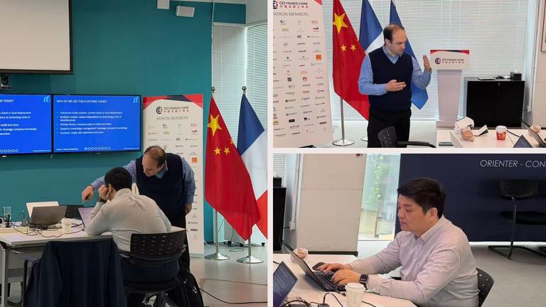 Collage of 2 photos from the offline English training session on AI Fundamentals organized by CCIFC and System in Motion in Beijing.