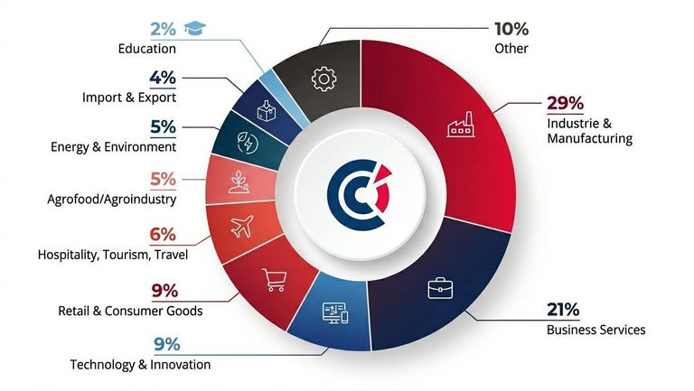 Donut chart illustrating the breakdown of CCI FRANCE CHINE members by industry sector, highlighting Industry & Manufacturing (29%) and Business Services (21%) as the largest segments.