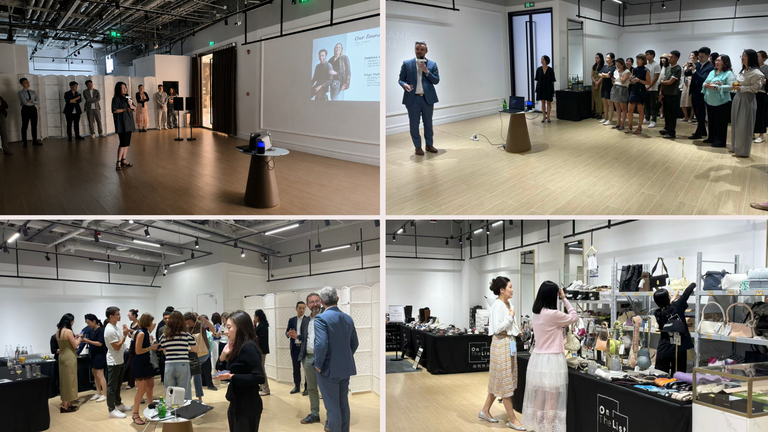 Collage of photographs from a CCI France Chine event at OnTheList Beijing, featuring a presentation on ESG in the fashion industry, networking discussions among professionals, and participants attending an exclusive private sale and collection viewing.