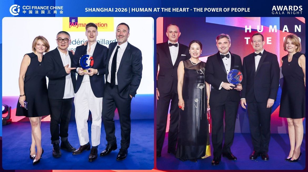 Two photos of award winners with CCI France Chine representatives on stage at the Shanghai Gala 2026, beside the Human at the Heart backdrop.