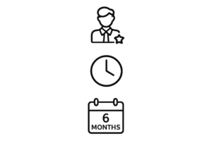 Icons illustrating key membership benefits: expert support, time savings, and access to services over a six-month period.