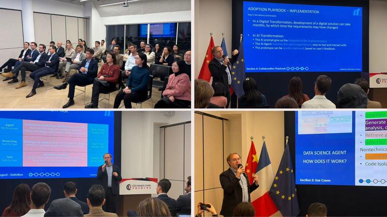 Collage of photos from the CCI France Chine and System in Motion event on AI agents for corporate automation in Shanghai on January 20, 2026.
