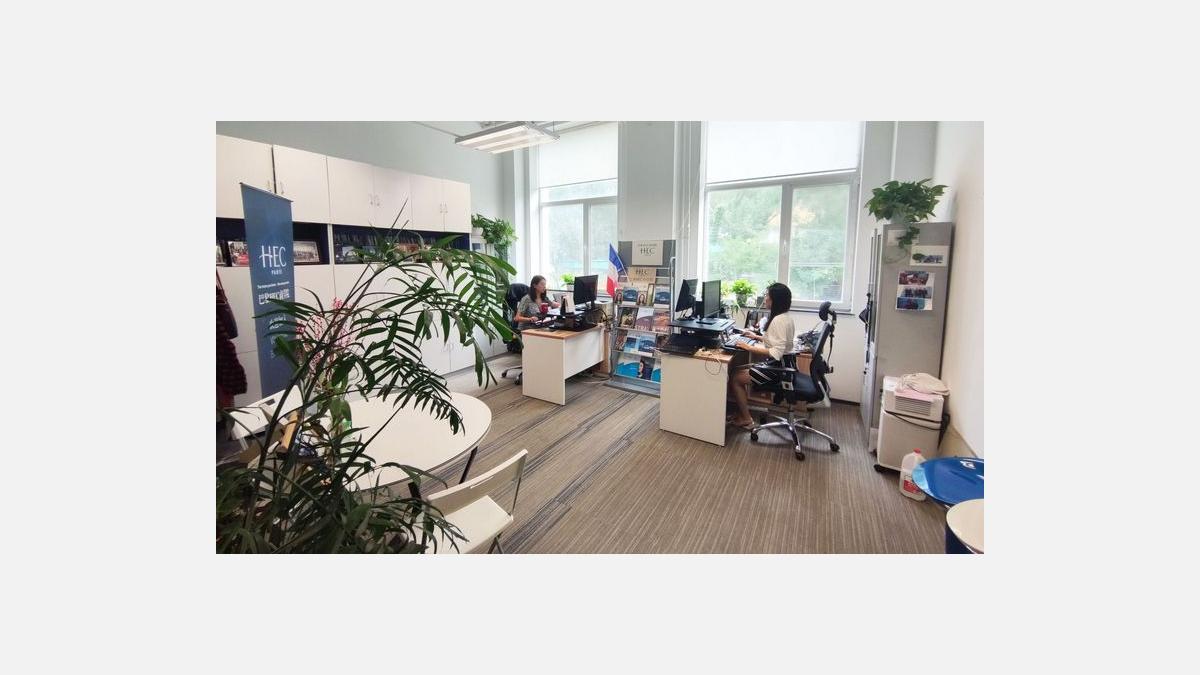Modern coworking space featuring shared desks, equipped workstations, plants, and collaborative areas, showcasing a flexible professional working environment.