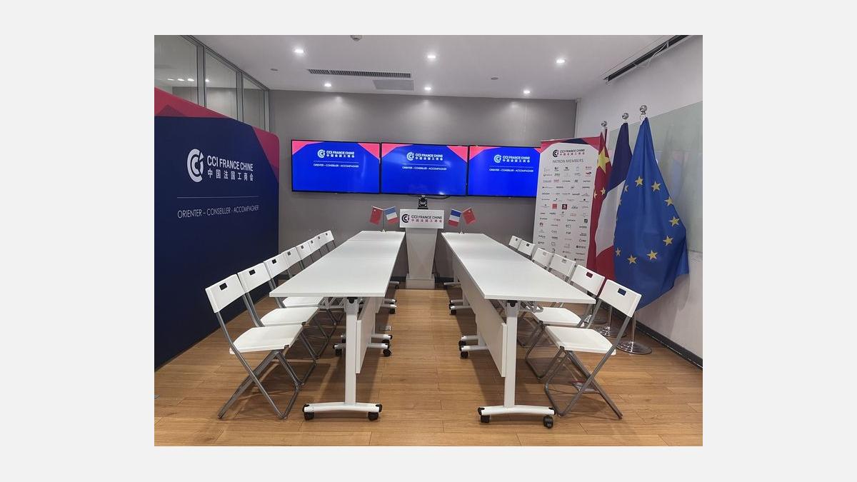 Modern professional meeting room featuring a large table, chairs, a wall-mounted presentation screen, and a clean layout, suitable for team meetings, presentations, and business discussions.