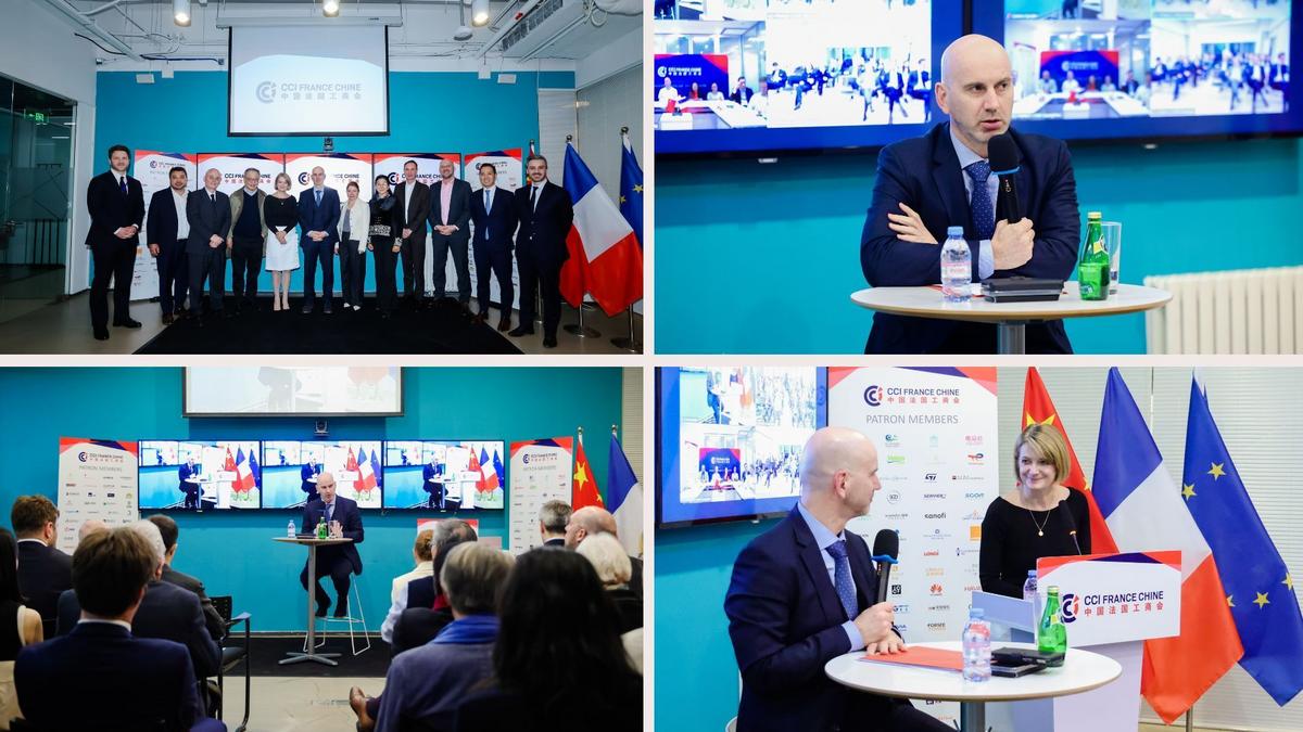 Collage of 4 photos from the Economic Situation Update event with Mr. Christian Gianella, Minister Counselor, at CCIFC Beijing.