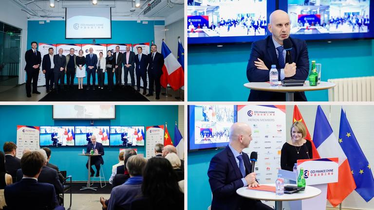 Collage of 4 photos from the Economic Situation Update event with Mr. Christian Gianella, Minister Counselor, at CCIFC Beijing.
