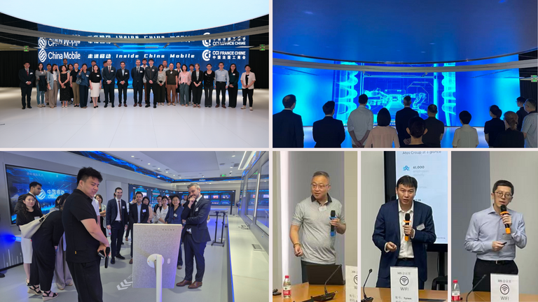 Collage of photos showing moments from a China Mobile Innovation Center visit and conference, including participants touring the facilities, speakers delivering presentations in front of an audience, conference room discussions, and a group photo with attendees and organizers in a professional corporate setting.
