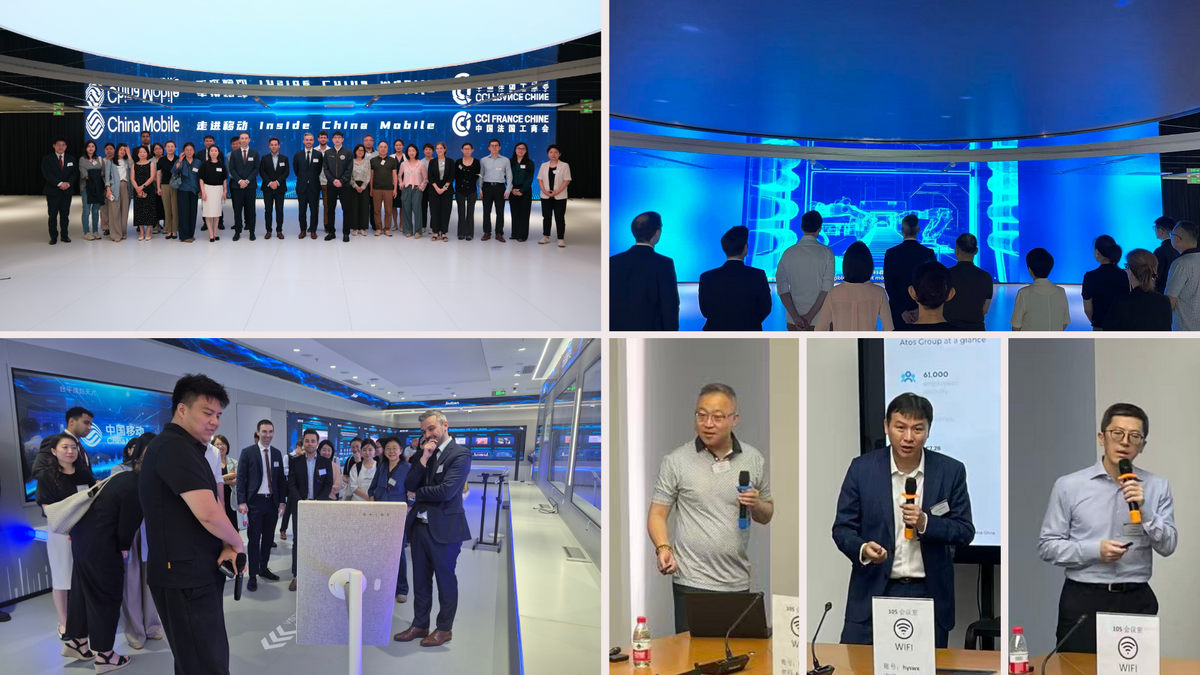 Collage of photos showing moments from a China Mobile Innovation Center visit and conference, including participants touring the facilities, speakers delivering presentations in front of an audience, conference room discussions, and a group photo with attendees and organizers in a professional corporate setting.
